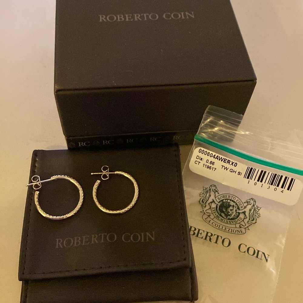 Pair of 18k White Gold & Diamond Inside/Outside Roberto Coin Hoops